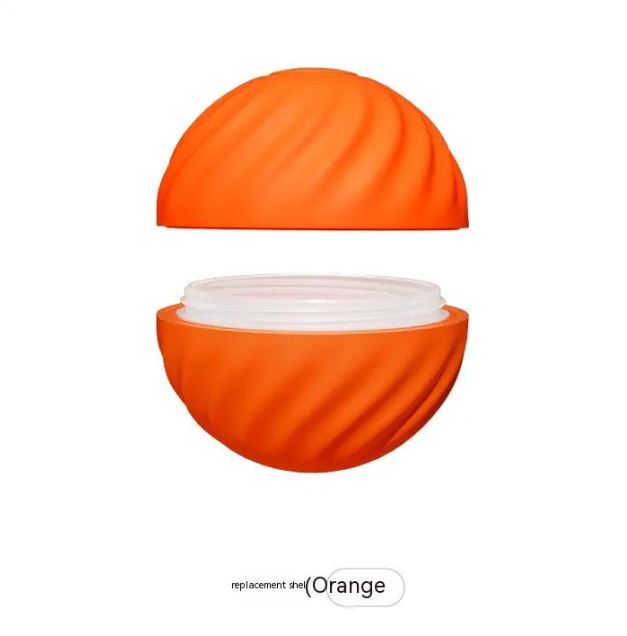 Two separated orange ribbed shell halves with a white circular piece between them.
