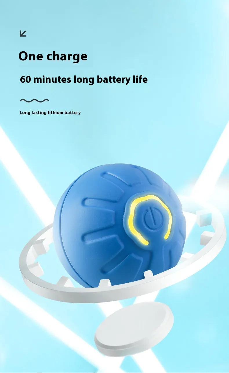 Charging illustration showing a blue grooved ball above a white charging base; text reads ‘One charge’ and ‘60 minutes long battery life.’