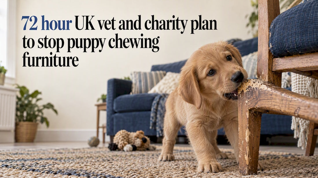 Puppy chewing a wooden chair in living room