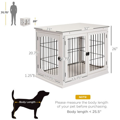 Sizing diagram of the white crate end table with measurement arrows, human and dog silhouettes, and pet-fit guidance.