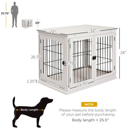 Sizing diagram of the white crate end table with measurement arrows, human and dog silhouettes, and pet-fit guidance.