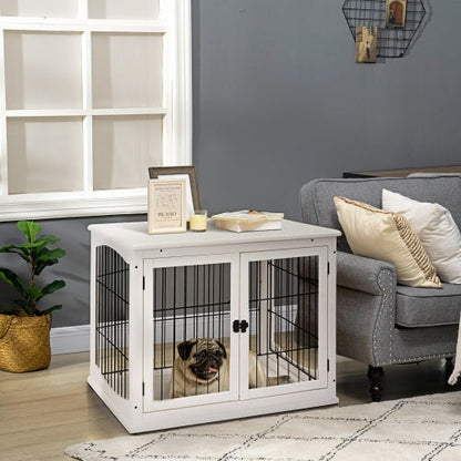 White crate end table with two barred front doors, shown beside a sofa with a small dog inside.