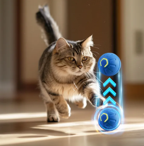 Cat beside a blue ball illustration with upward arrows and a glowing ring.