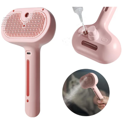 Pink brush shown from the bristle side and back as liquid is poured into its reservoir, with a circular inset of brushing a cat.
