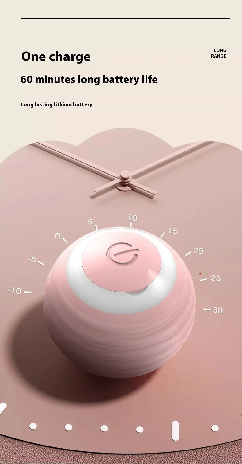 Pink ball beneath a charging-cable illustration; overlaid copy says ‘One charge’ and ‘60 minutes long battery life.’