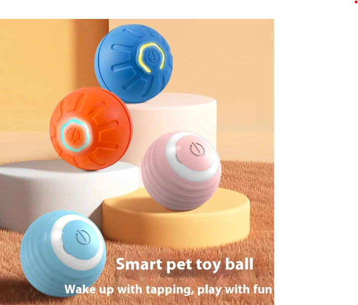 Four colorful grooved toy balls in blue, orange and pink, displayed above a carpeted floor.