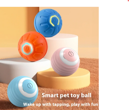 Four colorful grooved toy balls in blue, orange and pink, displayed above a carpeted floor.