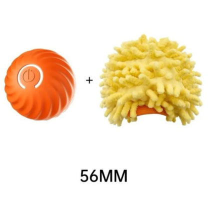 Orange ribbed ball beside a yellow spiky sleeve labeled 56 mm.
