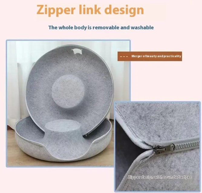 Graphic showing a gray round cat tunnel and a close-up of a zipper; the heading reads “Zipper link design,” while smaller copy is too small to read reliably.