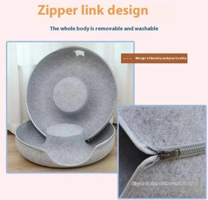 Graphic showing a gray round cat tunnel and a close-up of a zipper; the heading reads “Zipper link design,” while smaller copy is too small to read reliably.