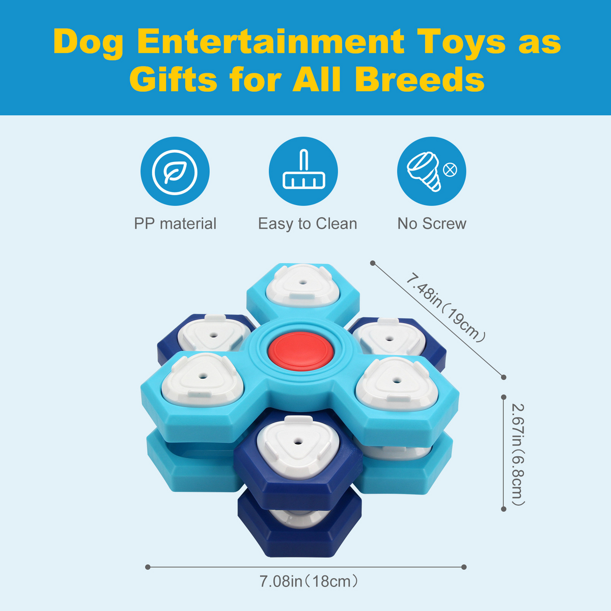 Turquoise and navy dog treat puzzle board with white compartments and a red center, shown in a product graphic.