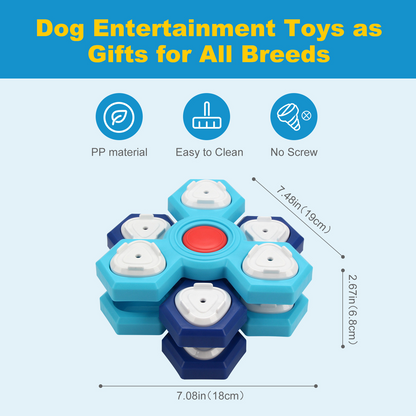 Turquoise and navy dog treat puzzle board with white compartments and a red center, shown in a product graphic.