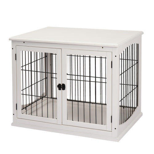 Isolated view of the white crate end table with two barred front doors and a barred side panel.