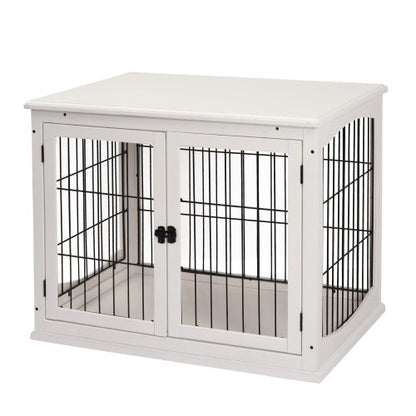 Isolated view of the white crate end table with two barred front doors and a barred side panel.