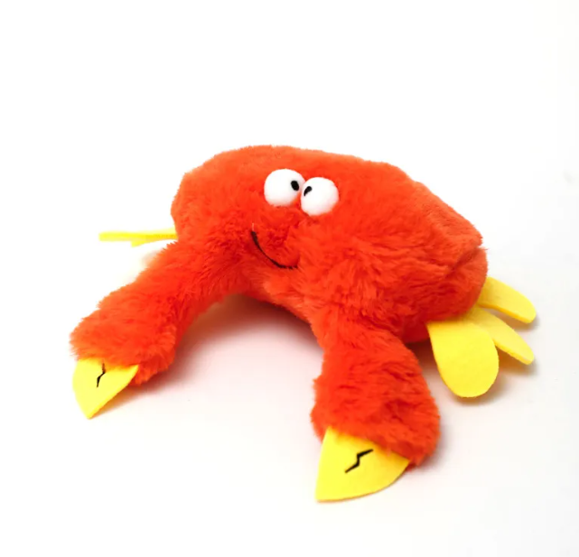Orange-red crab plush with raised eyes and yellow claws and legs.