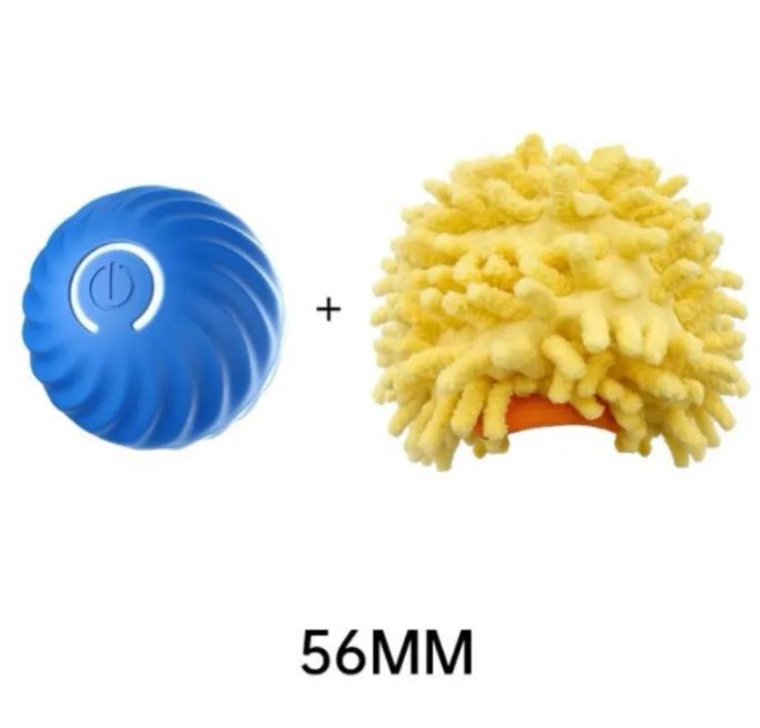 Blue ribbed ball beside a yellow spiky sleeve labeled 56 mm.