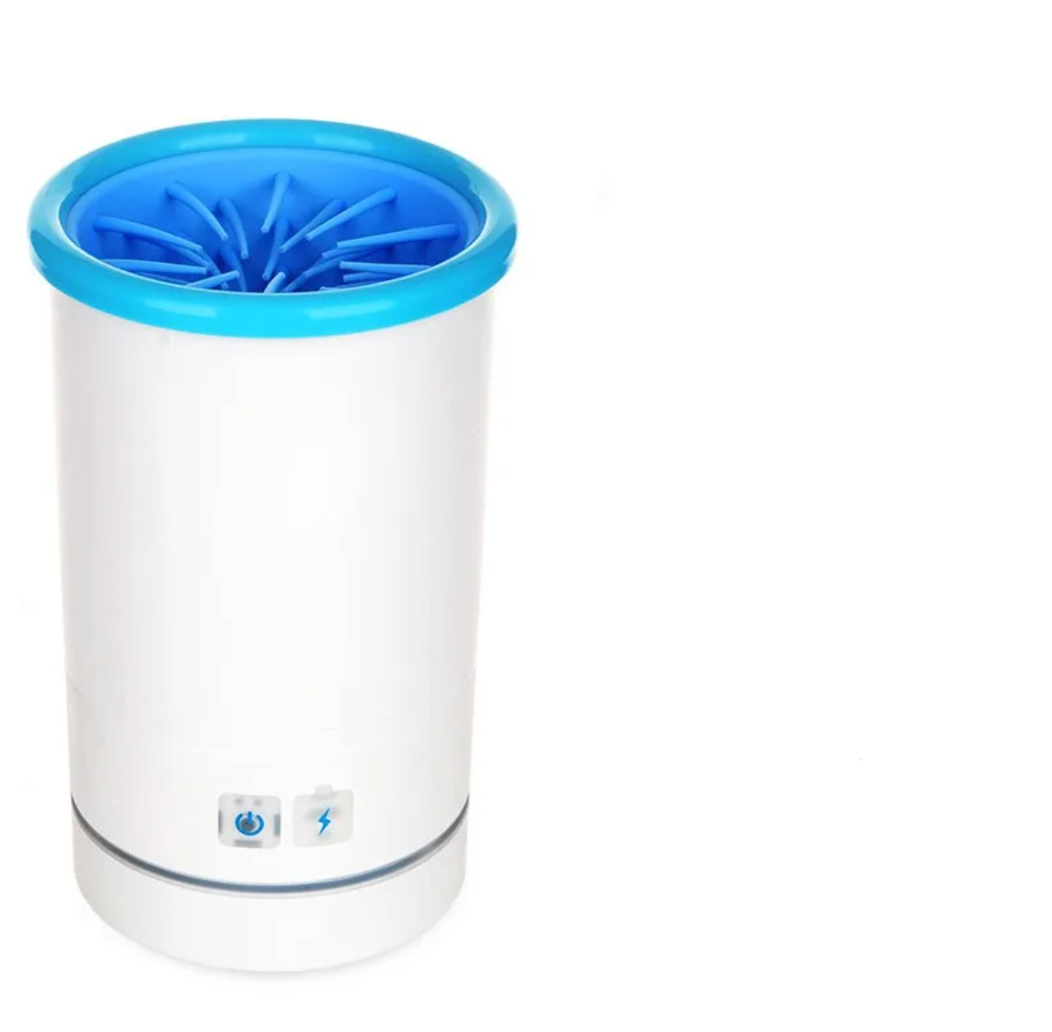 White paw-cleaning cup with blue rim and interior fins, shown upright with two front controls.
