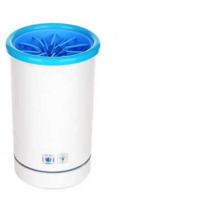 White paw-cleaning cup with blue rim and interior fins, shown upright with two front controls.