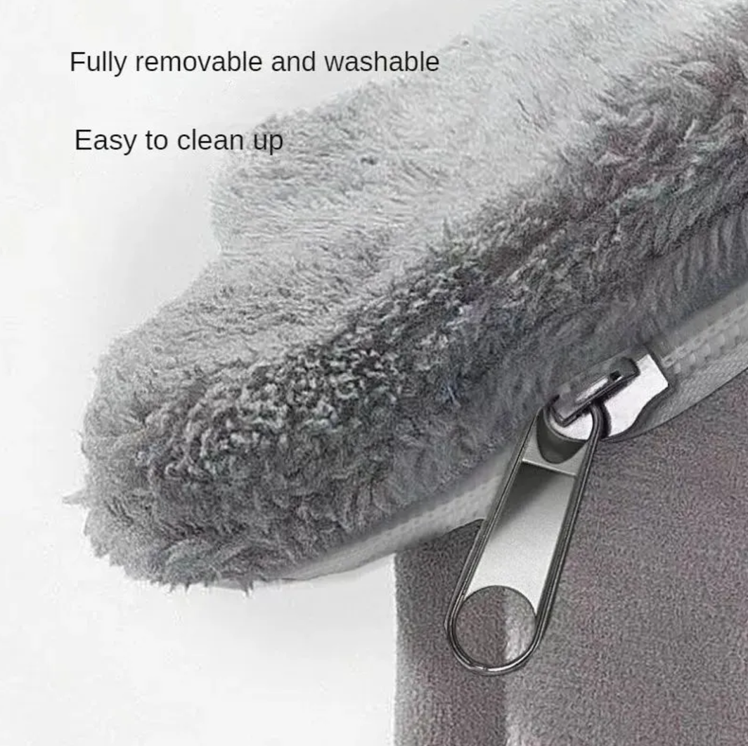 Close-up of gray plush fabric beside a zipper; the image says ‘Fully removable and washable’ and ‘Easy to clean up.’