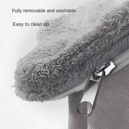 Close-up of gray plush fabric beside a zipper; the image says ‘Fully removable and washable’ and ‘Easy to clean up.’