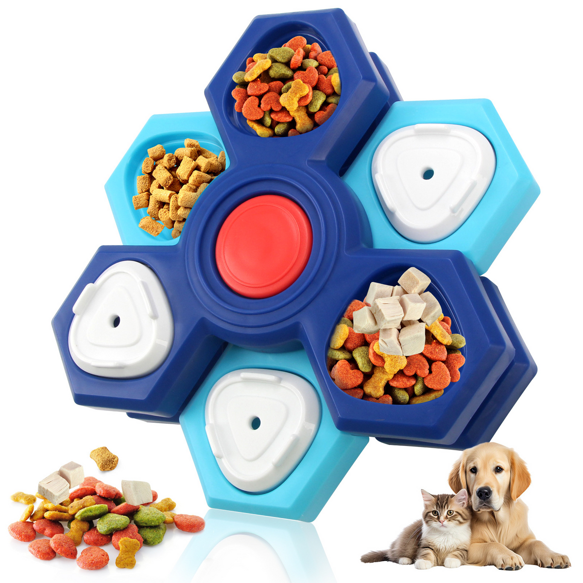 Two-tone blue hexagonal treat puzzle with food in several compartments and a small dog beside it.