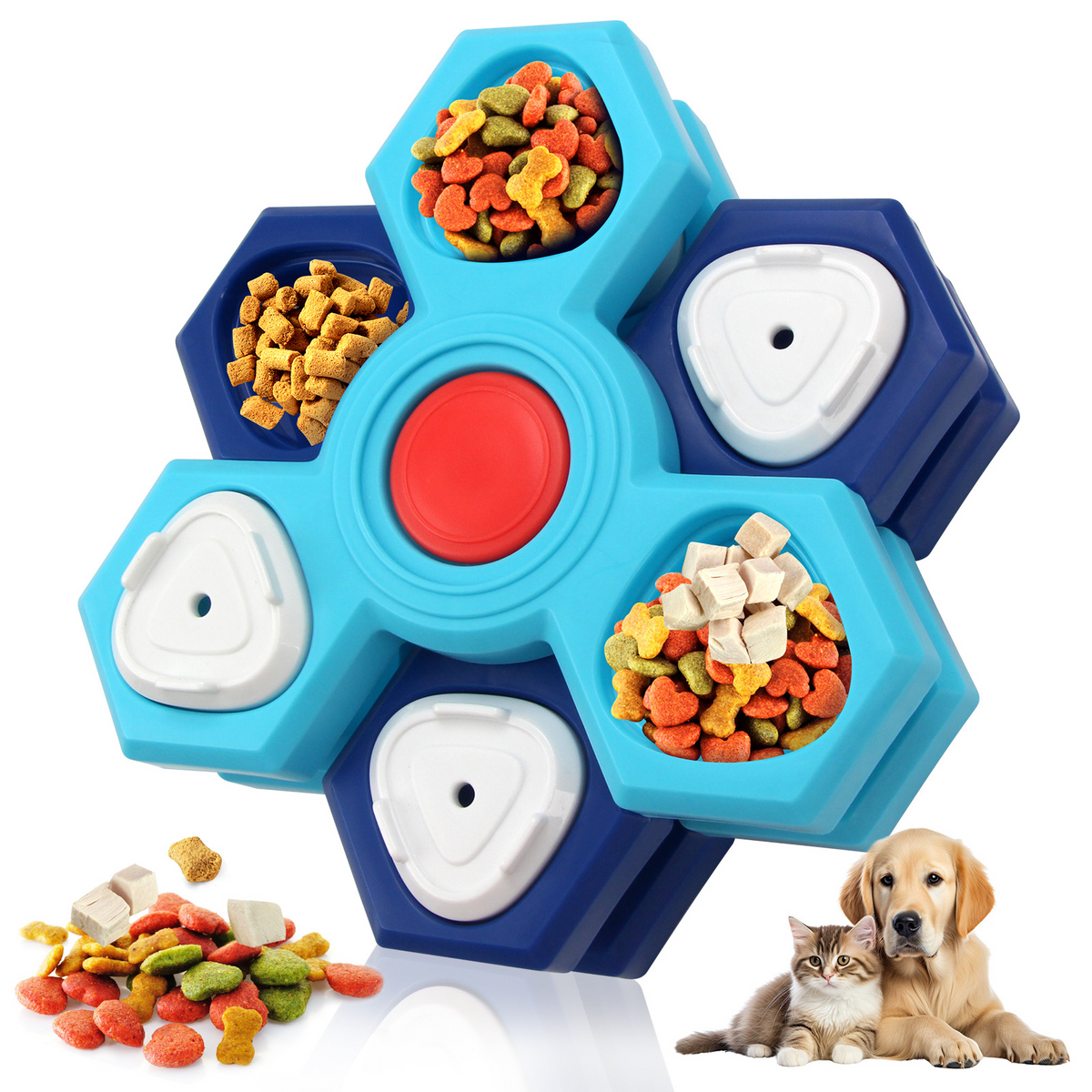 Turquoise and navy hexagonal treat puzzle with white sliding covers, food in several compartments, and a small dog beside it.