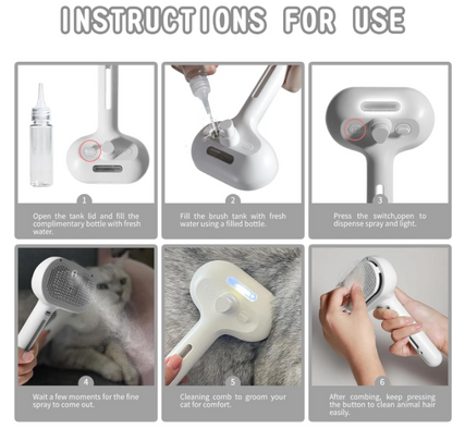 Six-panel instruction graphic showing brush setup, use on a cat, and cleaning; the small captions are too blurred to read.