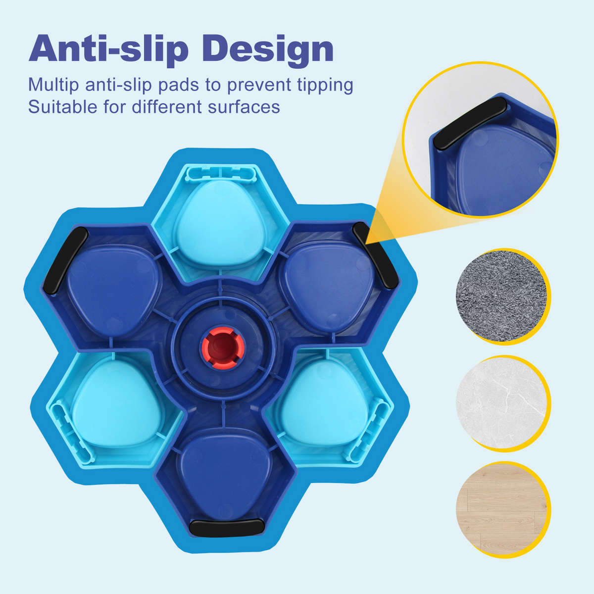 Diagram of the puzzle’s underside with circular close-ups of its pads and the heading “Anti-slip Design.”