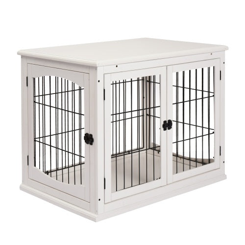 Three-quarter view of a white crate end table with two barred front doors and a barred side panel.