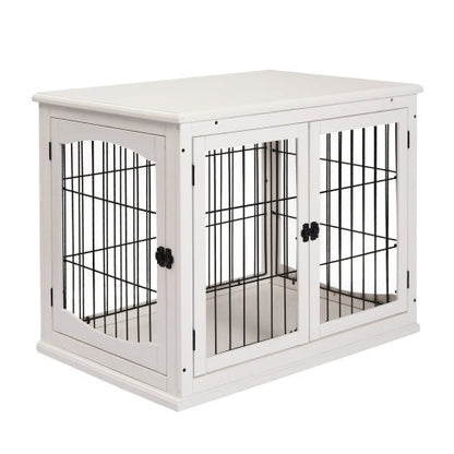 Three-quarter view of a white crate end table with two barred front doors and a barred side panel.