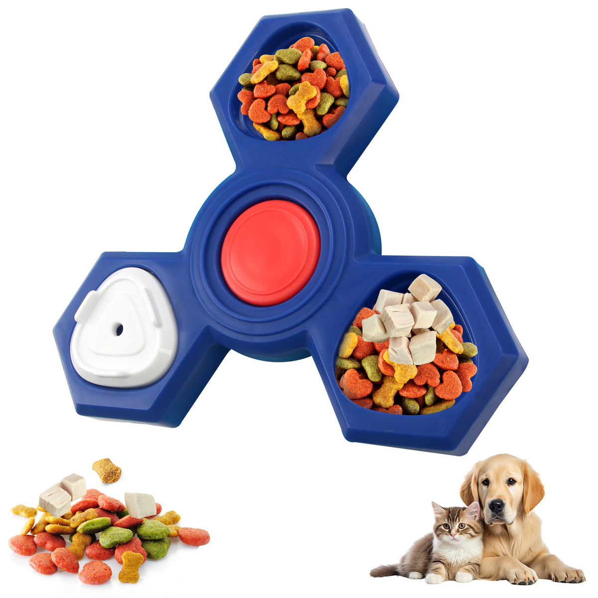 Navy three-arm treat puzzle with food in two compartments and a loose pile of food beside it.