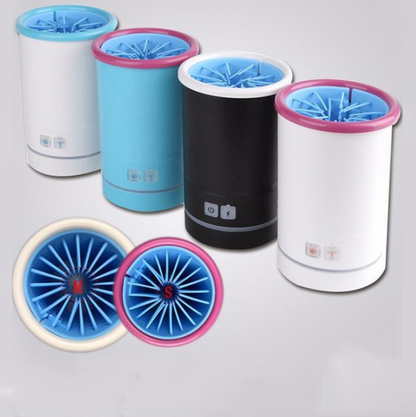 Four paw-cleaning cups in pale blue, turquoise, black and white with pink rims, shown above two circular views of blue inner inserts.