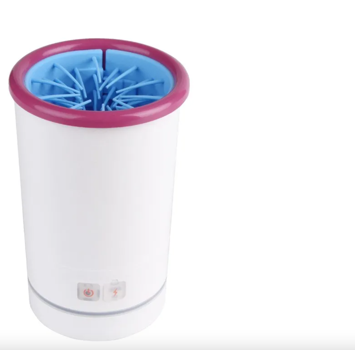White paw-cleaning cup with a pink rim, blue interior fins and two front controls.