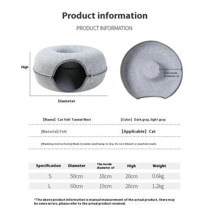 Product graphic showing a round gray cat tunnel with a front opening and additional views.