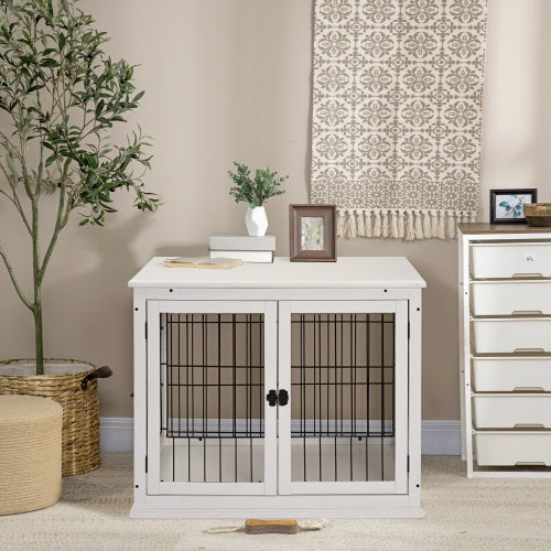 White dog crate end table with two front doors and black vertical bars in a staged room.