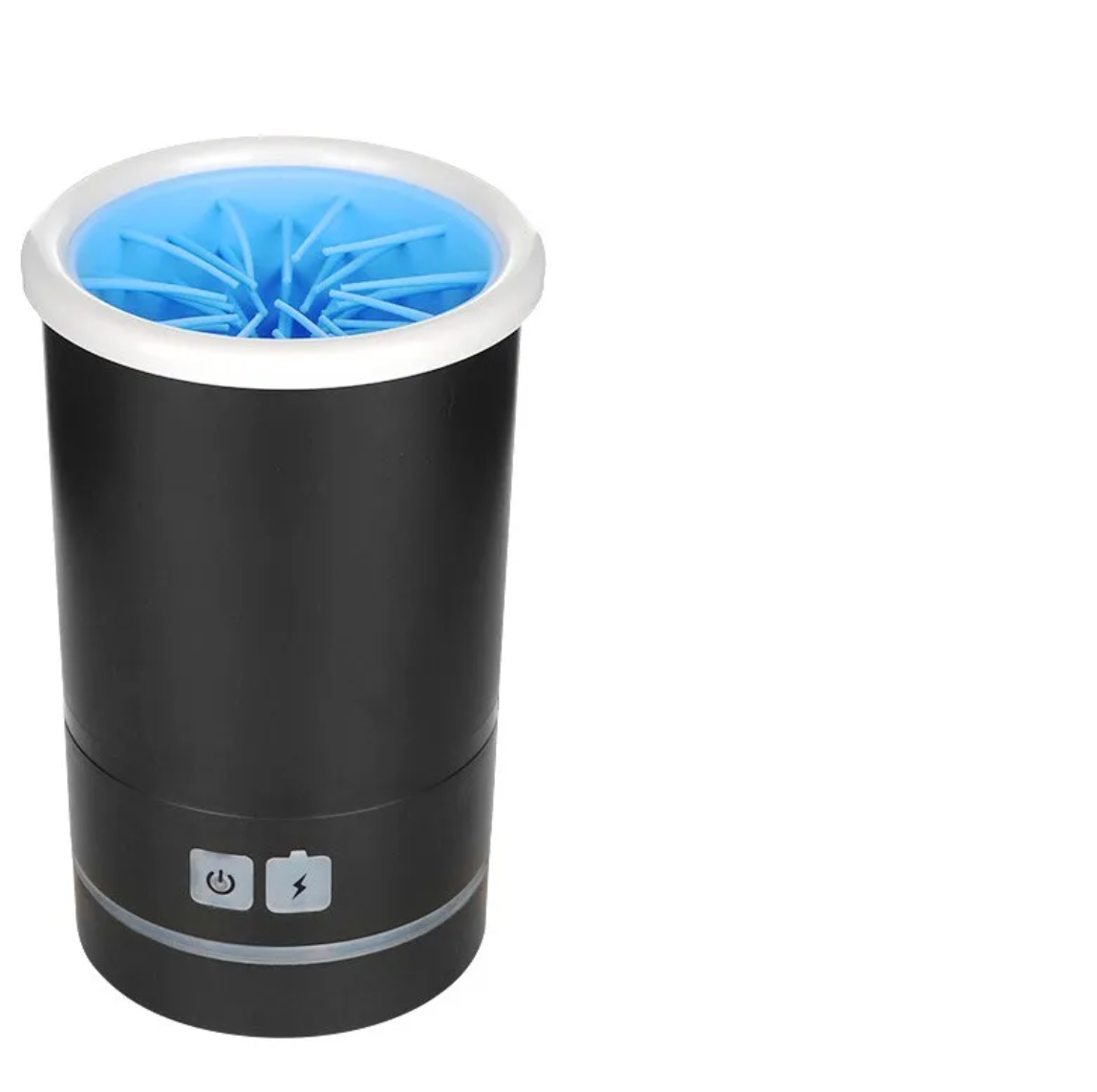 Black paw-cleaning cup with a white rim, blue interior fins and two front controls.