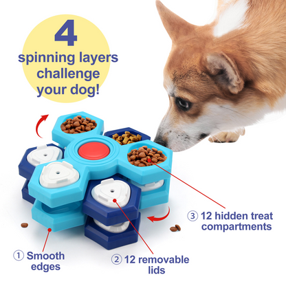 Dog beside a treat puzzle in a graphic headed “4 spinning layers challenge your dog!” with small feature callouts.