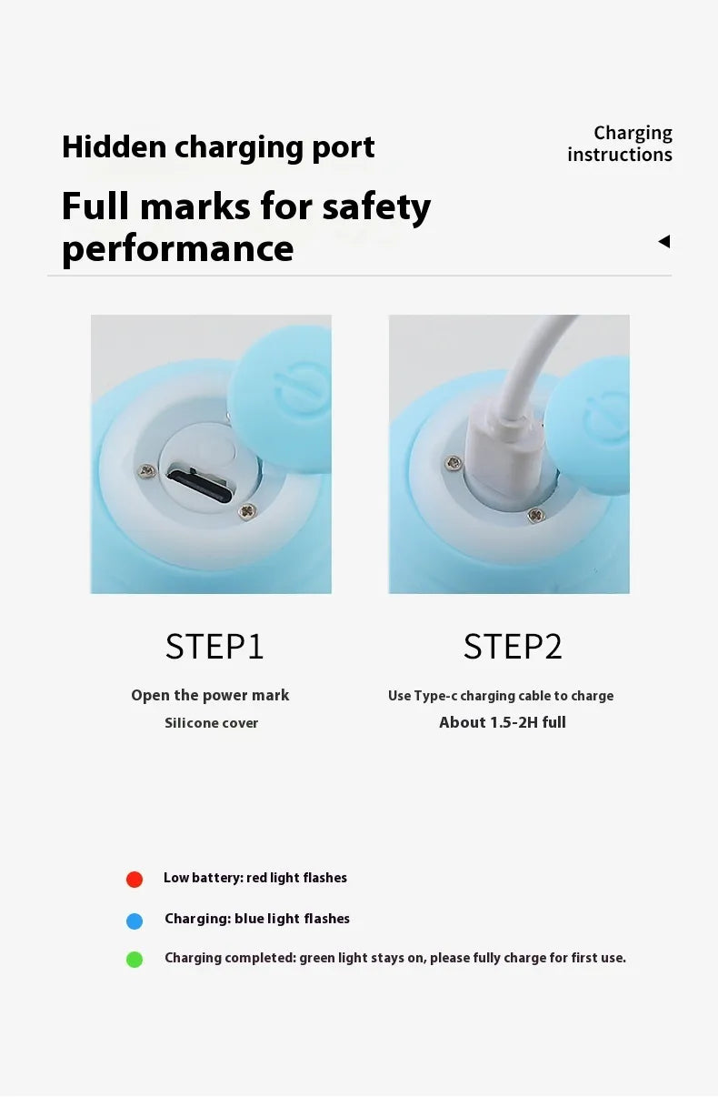 Two-step charging-port diagram showing a plug inserted into a blue ball; accompanying text labels the hidden charging port.