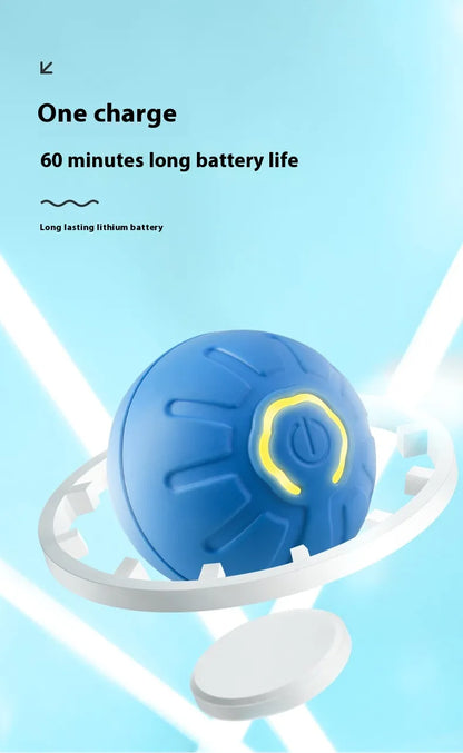 Charging illustration showing a blue grooved ball above a white charging base; text reads ‘One charge’ and ‘60 minutes long battery life.’