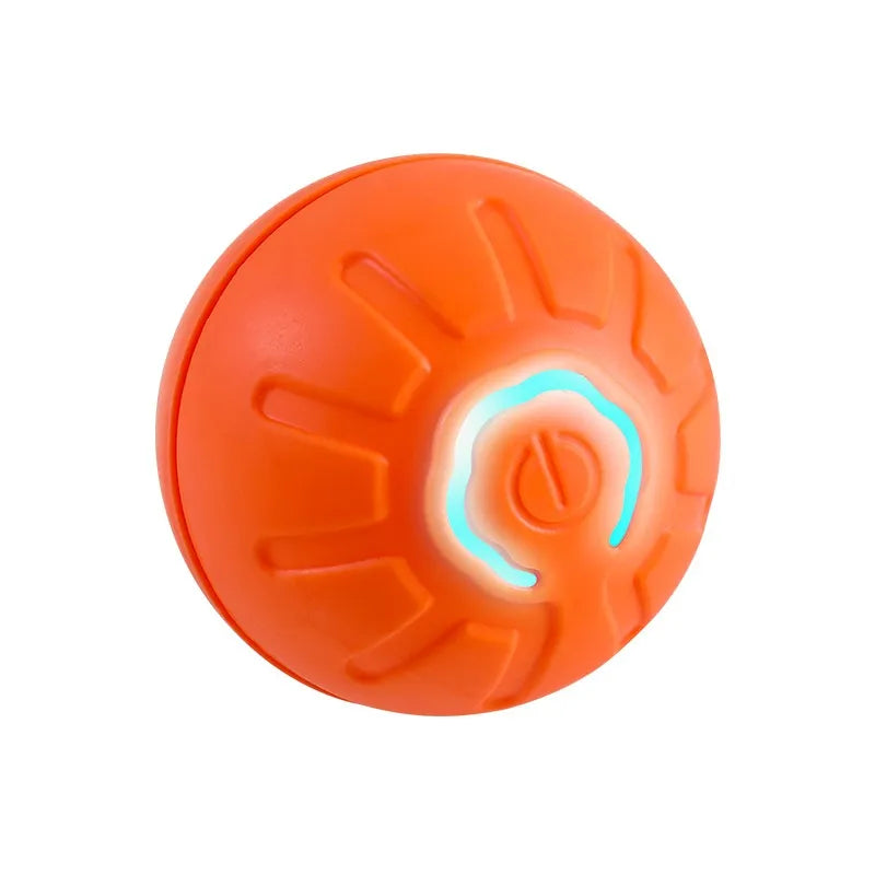 Close-up of an orange ball with raised grooves and a turquoise loop-shaped panel.