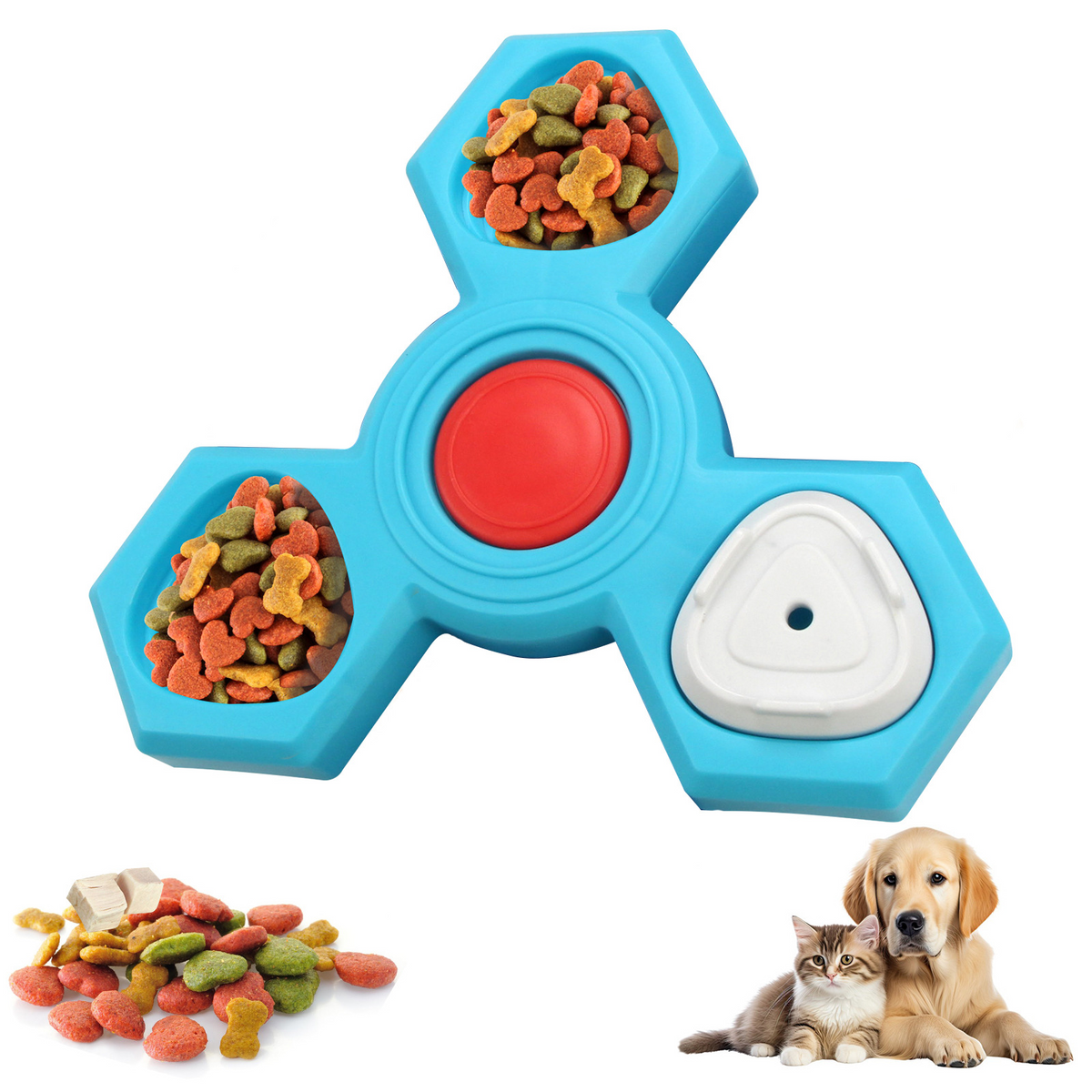 Turquoise three-arm treat puzzle with a red center and food in two compartments.