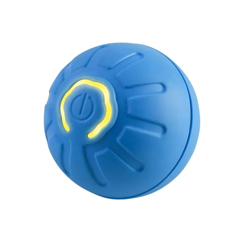 Blue ball with raised grooves and a yellow-green loop-shaped panel, isolated on a white background.