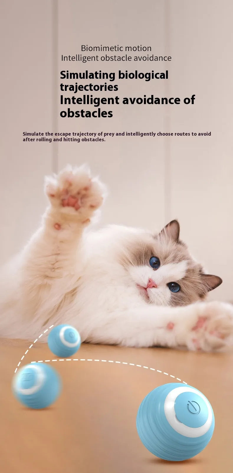 A cat lies beside three blue balls; overlaid text describes simulated movement and obstacle avoidance.