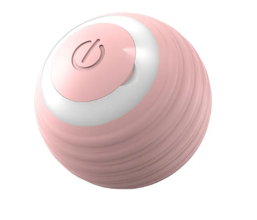Pink ribbed ball with a white ring and a circular power symbol.