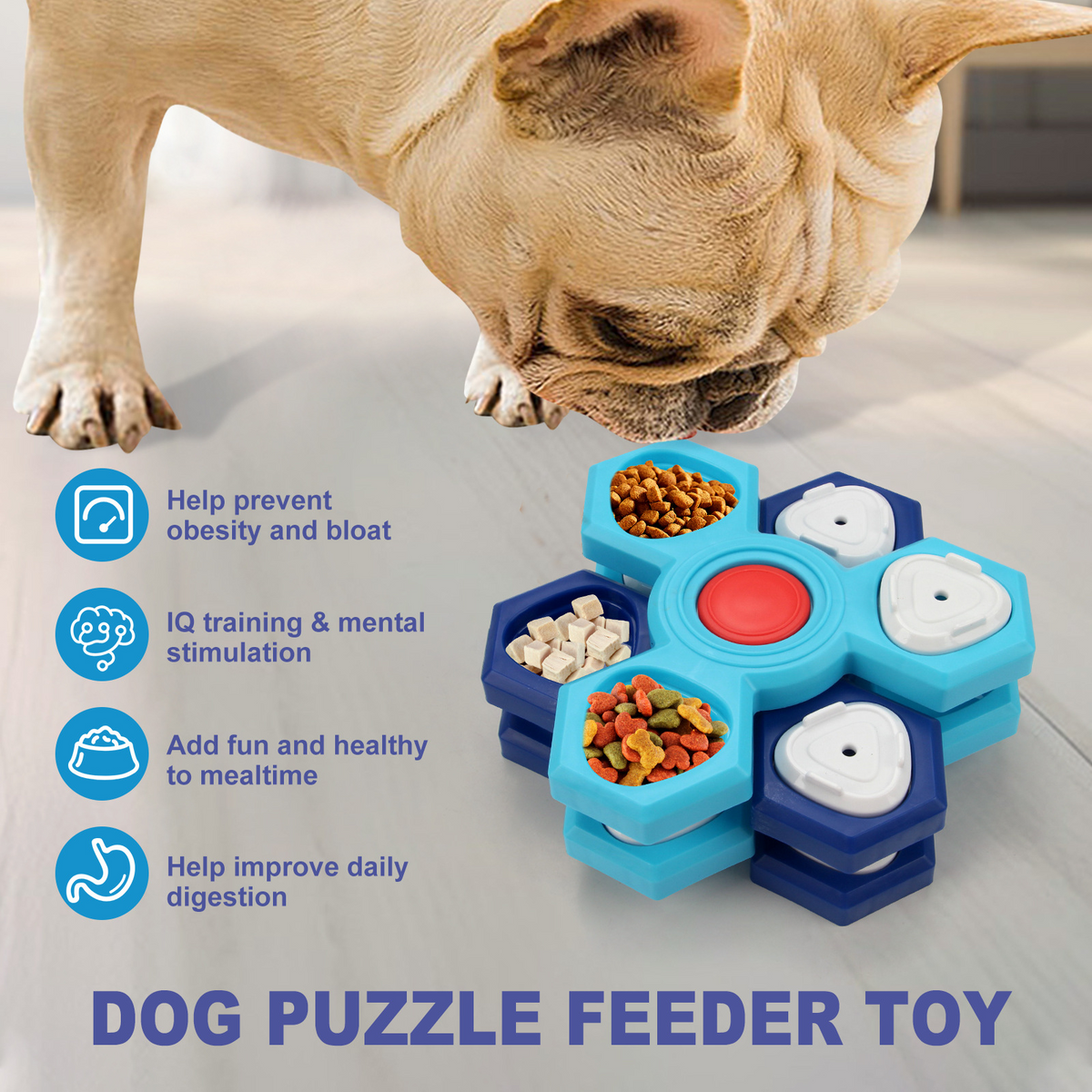 A dog sniffs a blue treat puzzle; the graphic includes the heading “DOG PUZZLE FEEDER TOY” and small benefit icons and text.