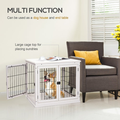 White crate end table with a side door open and a dog inside, shown beside a chair; an infographic describes multifunction use.