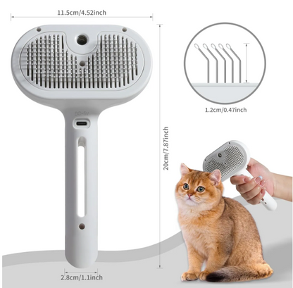 White brush beside a seated cat, with a bristle close-up diagram and measurement callouts.