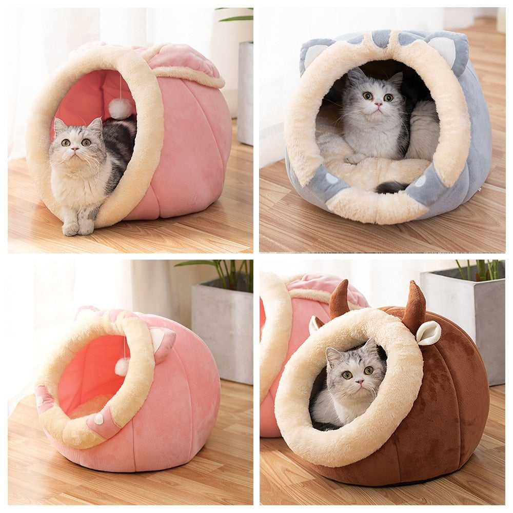 Four-panel collage of pink, gray, and brown enclosed cat beds, with cats visible in two panels.