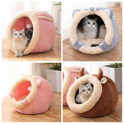Four-panel collage of pink, gray, and brown enclosed cat beds, with cats visible in two panels.