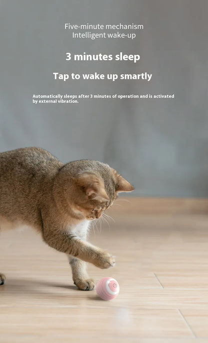 A cat reaches toward a small pink ball; overlaid text reads ‘3 minutes deep’ and ‘Tap to wake up smartly.’
